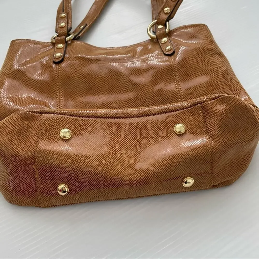 B. makowsky shimmer shimmer leather tote arm bag purse leopard print lining